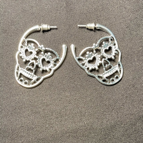Sugar Skull Silver Hoop Earrings - Picture 3 of 4